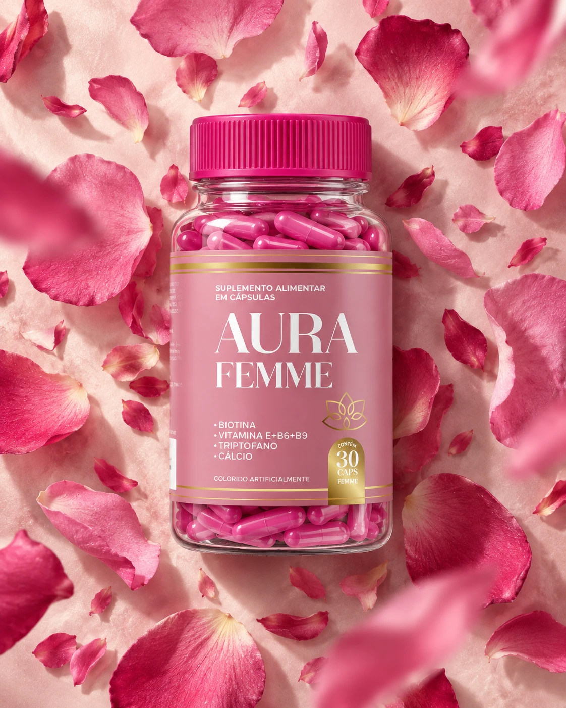 Frasco de Aura Femme sobre pétalas de rosa